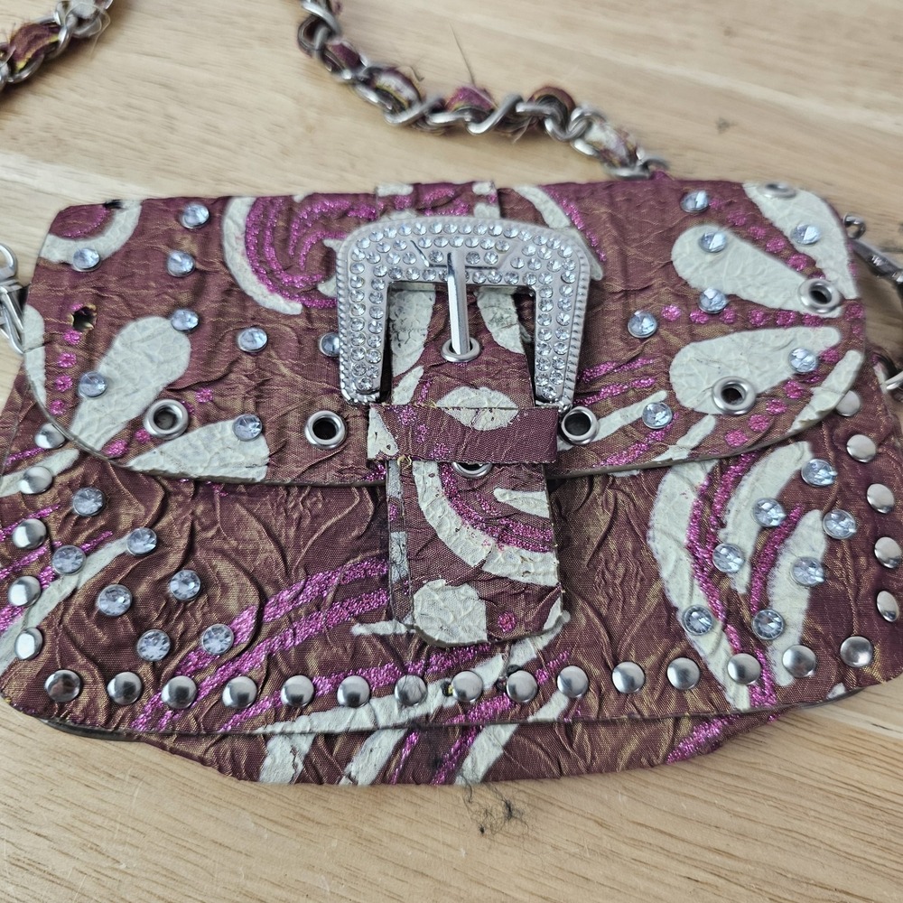Mini Crossbody Bag Brown Pink Boho Western Rhinestone Studded Chain Purse